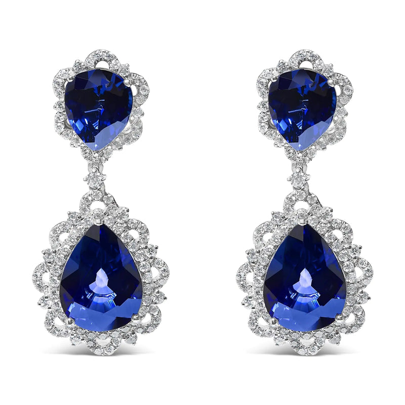 18K White Gold Blue Sapphire and Diamond Dangle Earrings