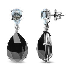 18K White Gold Diamond Blue Topaz Black Onyx Dangle Earring